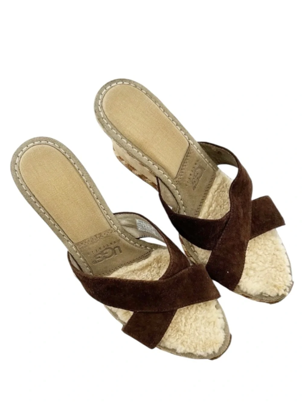 Ugg Brown Suede Criss Cross Wedge Slide Sandals Womens Size 10 Platform Heel Tan